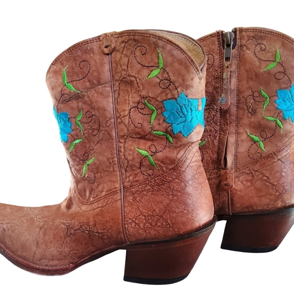 Tony Lama Brown Leather Boots with Colorful Embroidery - Picture 4 of 7